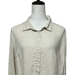 Talbot Top Womens Large Beige Linen Popover Tunic Roll Tab Sleeve Beachy Coastal